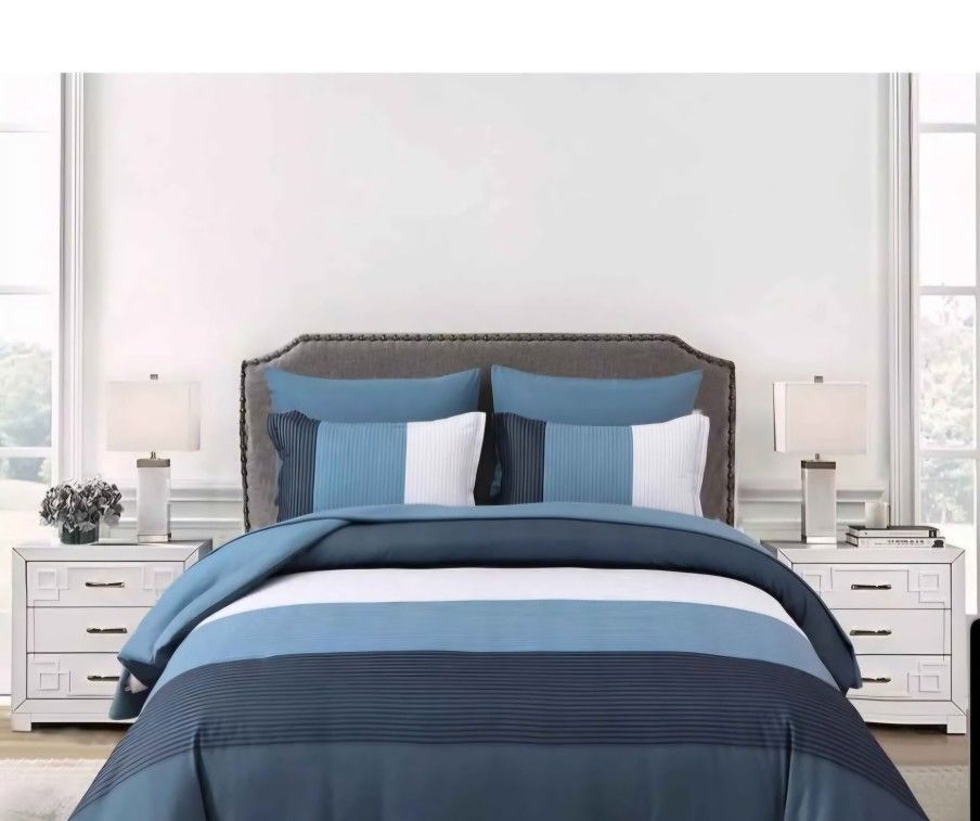 King Size Navy Blue Striped Comforter Set 7 Pieces Navy Patchwork Bed in a Bag