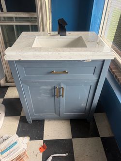 Blue Bathroom Vanity with Marble Top and Sink