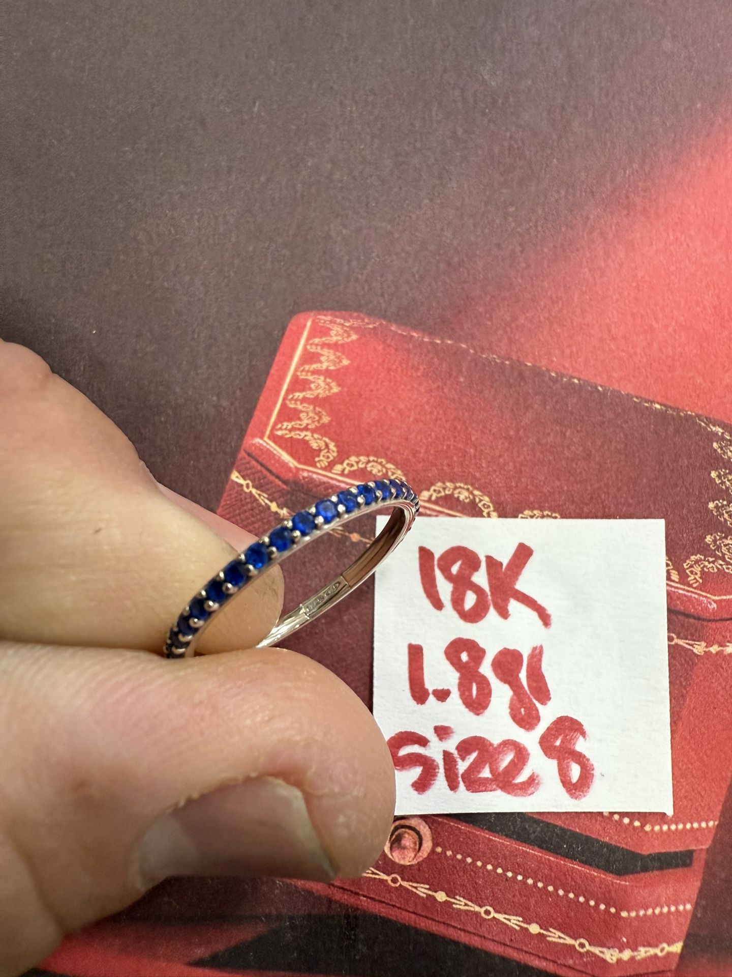 18K Solid White Gold Wedding Ring Blue Sapphire Stones 1.8Gr Size 8