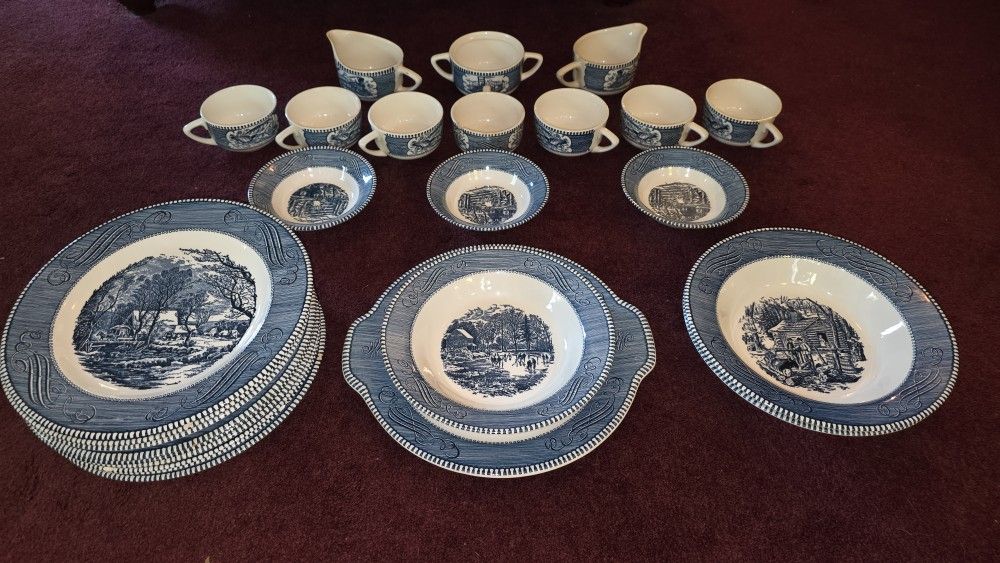 Vintage Currier & Ives By Royal China,  26 Pieces (Incomplete), Featuring The 'Old Grist Mill' Pattern