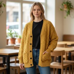 Donegal Knitters Ireland Wool Preppy Cardigan Women’s Small Cable Knit Sweater Yellow