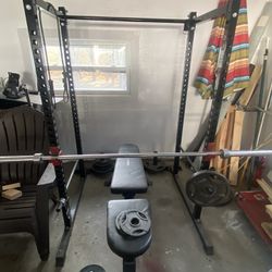 Squat Rack, 300lb Barbell Set, Adjustable Bench 