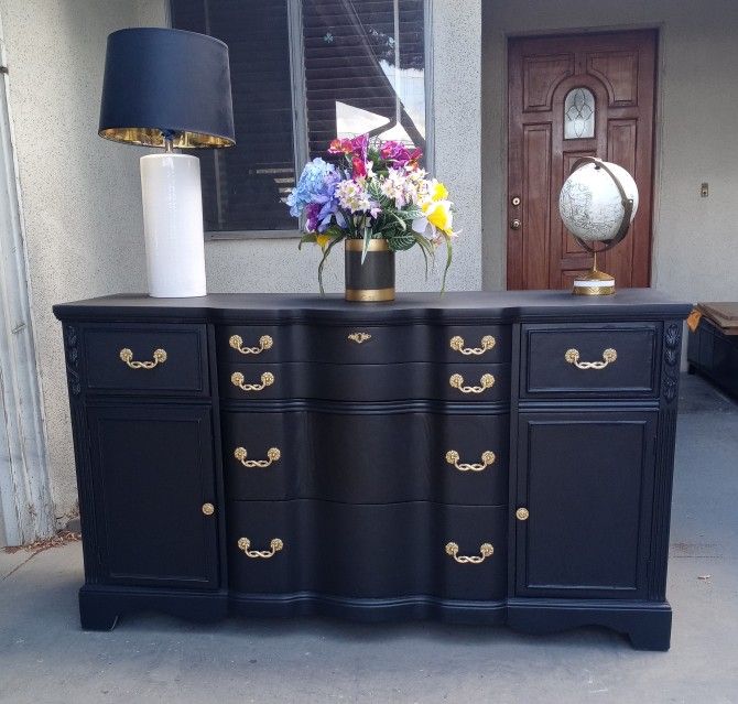 6 Drawer 2 Door Solid Wood Dresser - French Provincial Style - Black With Gold