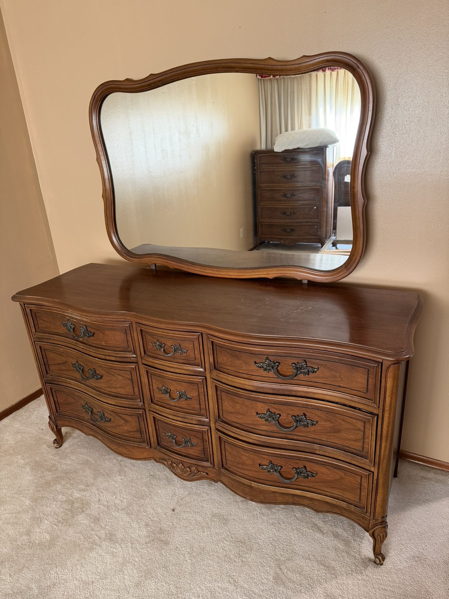 Bedroom Set. Mirrored Dresser, Tall Dresser And A Headboard