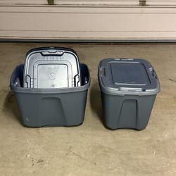 Three (3) 18 Gallon Blue Storage Bins Totes Perfect For Garage