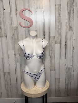 Butterfly Print Bikini Set Women’s Swimwear  Size S  White & Blue Two Piece NWT