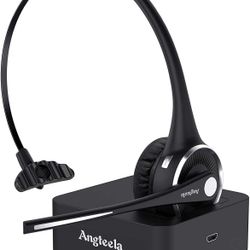 Trucker Bluetooth Headset, Angteela Wireless Headset with Microphone, Wireless Cell Phone Headset with Noise Canceling Mic Charging Base Mute Function