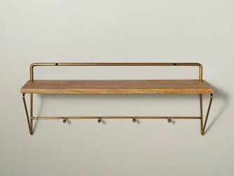24” Wood and Brass Shelf with Hooks