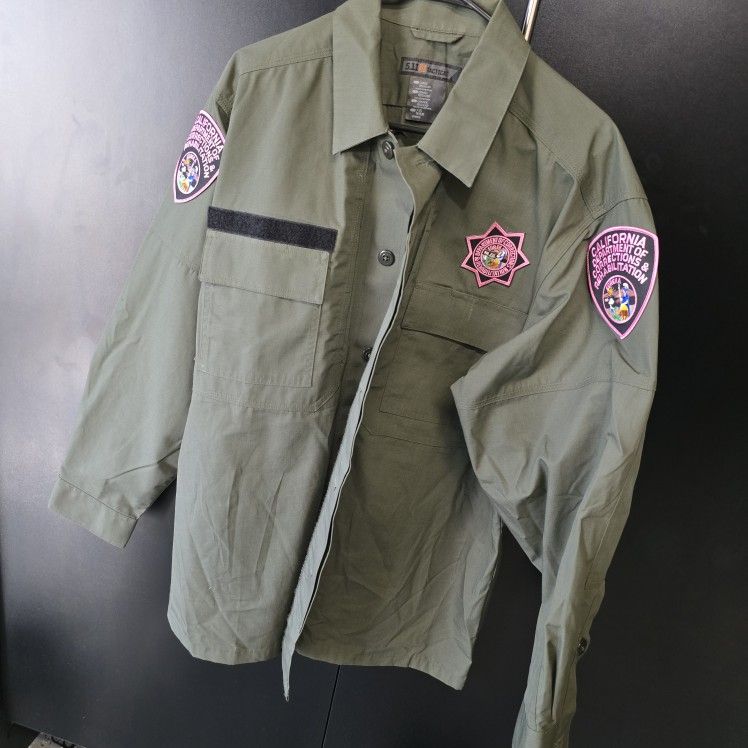 CDCR uniform long sleeve large regular 5.11 with a set of pink and blue patches sewn on