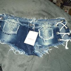 BRAND NEW W TAGS BRAND NAME Sexy Jean shorts, Fits ANY SIZE as It's A Tie Up The side.