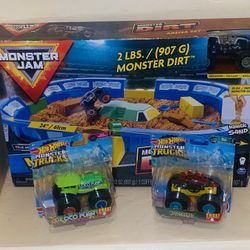 New Monster Jam, Monster Dirt Arena 24-inch Playset w/ 2lbs of Monster Dirt & Exclusive 1:64 Scale Die-Cast Monster Jam Truck & 2 New Monster Trucks