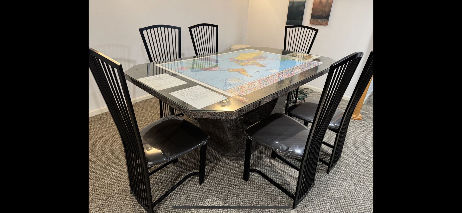 Custom made dining table with six chairs and custom-made heavy duty glass in top