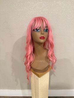 Long Pink 30 inch Wavy Wig with Bangs