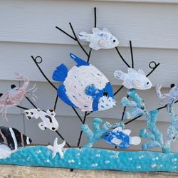Large Metal Wall Hanging, Fish, Starfish, Crab, Corral, Patio Decor, Yard Art, Swimming Pool Art