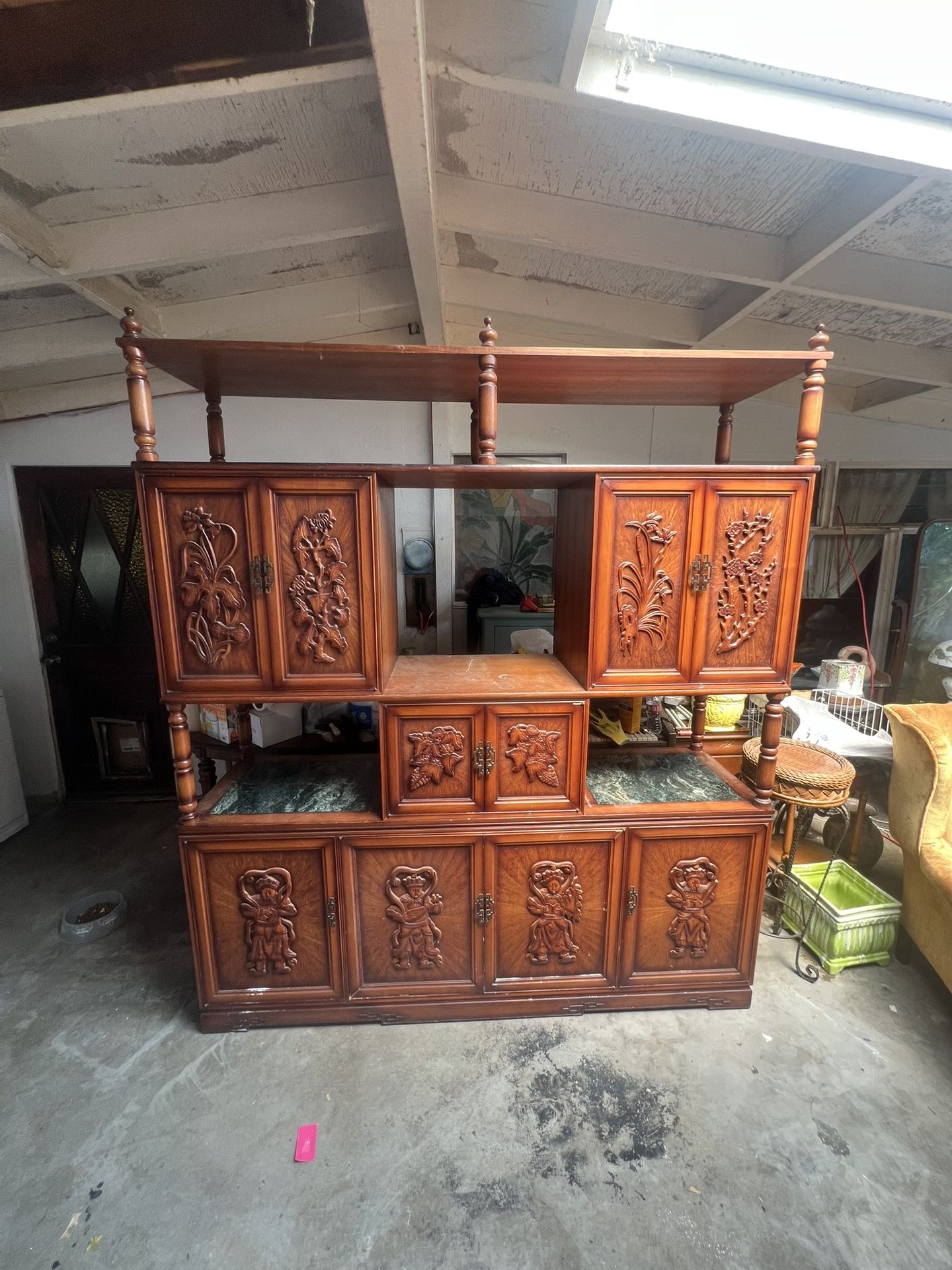 Vintage Asian Chinese Teak Engraved Entertainment Center Cabinet Shelf Hutch with Green Marble Tops