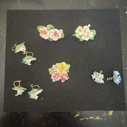 Vintage Floral Productions England Porcelain Flower Brooch Lapel Pin and Earring Lot