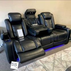 Special Discount 💥 Brand New Black Leather Power Reclining Sofa Couch With Cup Holders, Storage Console, USB Port, Adjustable Headrest, LED Lights| 