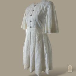 Huishan Zhang White Fit & Flare Dress | Lace Bell Sleeves & Crystal Button Detail | Size 6