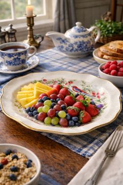 Avon Enoch Wedgwood England 1976 Fruit Motif Gold Trim Ceramic Platter, 8.5x7”