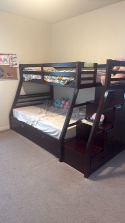 Solid Wood Full Over Twin Bunk Bed with Twin Trundle & Storage Stairs – Espresso Finish