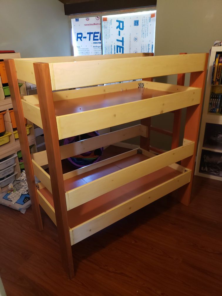 Custom made child toddler mattress 27"x 52" bunk bed. Pine and redwood with orange and whitewash stain finish
