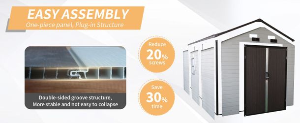 8x14x7.6 Ft Outdoor Resin Storage Shed with Windows, Strong Aluminum Frame & Floor for Garden, Backyard Organization (White+Brown)(W2556S00013)