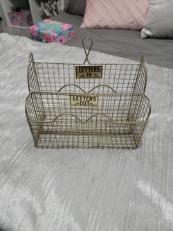 Brass Wire Desk Mail Holder Basket Letters In and Out Stand or Hang Vintage 70's