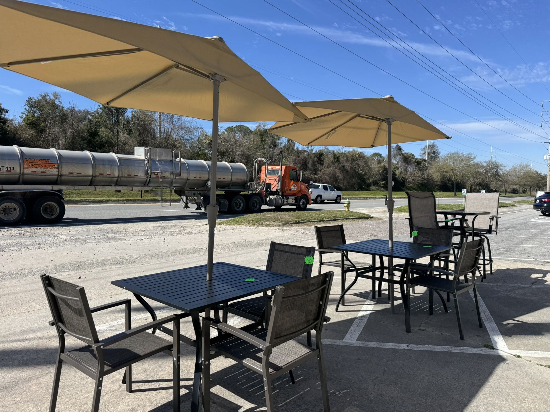 Outdoor Table $100 Each New Fully Assembled. Chairs $34.99 Each Umbrella $59.99 Each