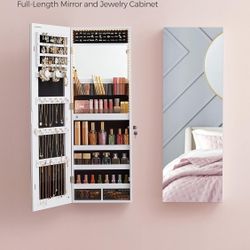 Mirror Jewelry Cabinet Armoire Organizer, Wall or Door Mount Storage Cabinet with Full-Length Frameless Lighted Mirror, Built-in Makeup Mirror, 2 Draw