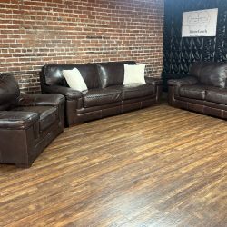 Delivery Available Dark Brown Leather 3 piece set couch loveseat & chair