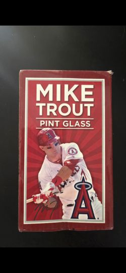 2013 Los Angeles Angels stadium giveaway pint glass featuring Mike Trout in its original red packaging