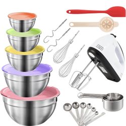 7-Speed Electric Hand Mixer,5 Large Mixing Bowls Set,Handheld Mixers with Whisks Beater,Stainless Steel Metal Nesting Bowl Measuring Cups Spoons Kitch