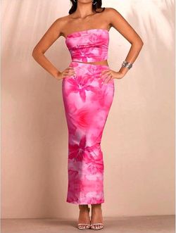 SOLY HUX Pink Crop Tube Top Bodycon Maxi Long Skirt Matching 2 piece Set in women’s size XS