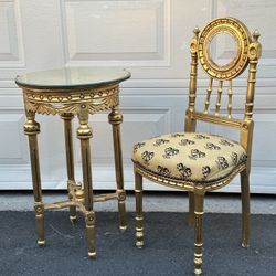 Vintage French style Hollywood regency Gold Leaf Vanity Chair And Side Table  with mirror on top $267.00 EACH 