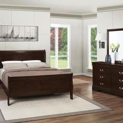 Four Piece Queen Bedroom Set With Queen Bed Frame Dresser Mirror And Night Stand Until Now Don't Miss