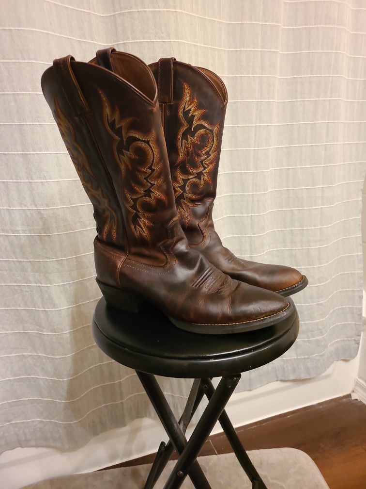 Justin leather Men Cowboy Boots Used Good Condition Style 2551 Size 10D Rodeo Roping 