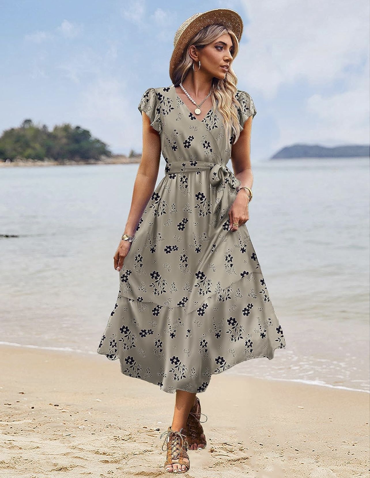 Women's Summer Casual Wrap V Neck Floral Dress with Pockets, Size- L 