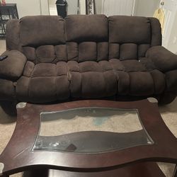 Dark Brown Double Reclining Sofa, Matching Recliner and Coffee Table
