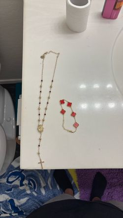 Gold Rosary Necklace and Clover Bracelet Set