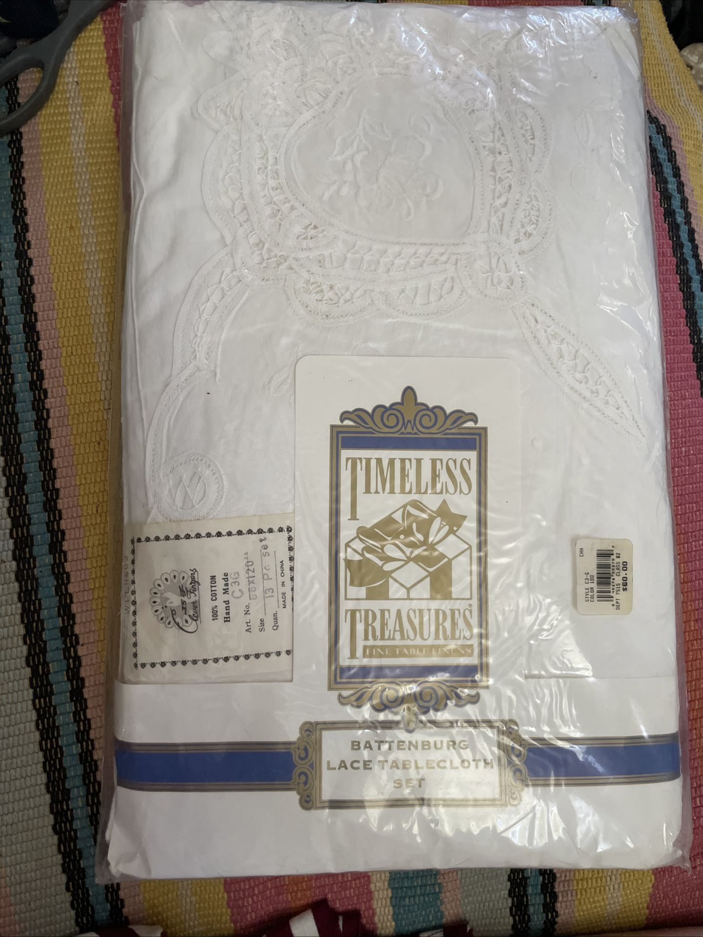 Vtg TIMELESS TREASURES BATTENBERG LACE tablecloth 66x120”13 pcs set handmade