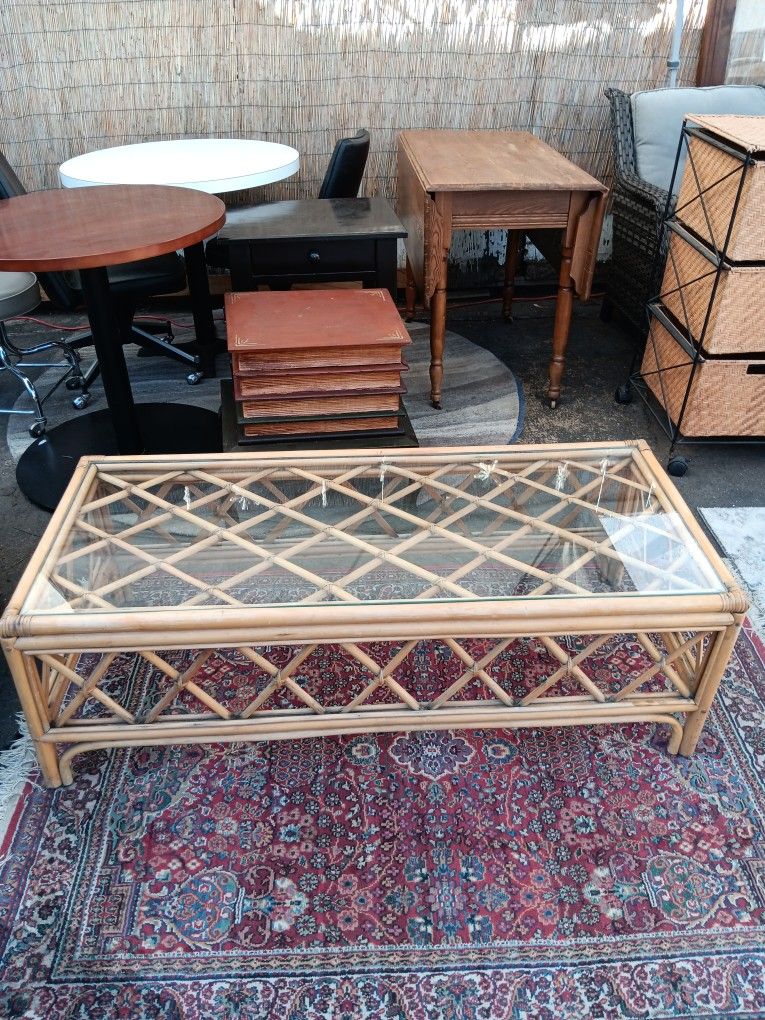 Bohemian Style Glass Top Bamboo Coffee Table With Criss-Cross Design $125 OBO