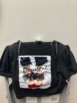 Black Cotton Puff Sleeve Square Neck Top Pearl Bow Graphic Print Size L
