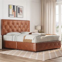 Queen Size Bed Frame with Adjustable Headboard and 4 Drawers Storage,Amber Brown