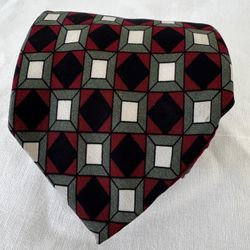 Brandini 100% Silk Tie Red Black Olive Geometric Cube Pattern Classic 57" USA