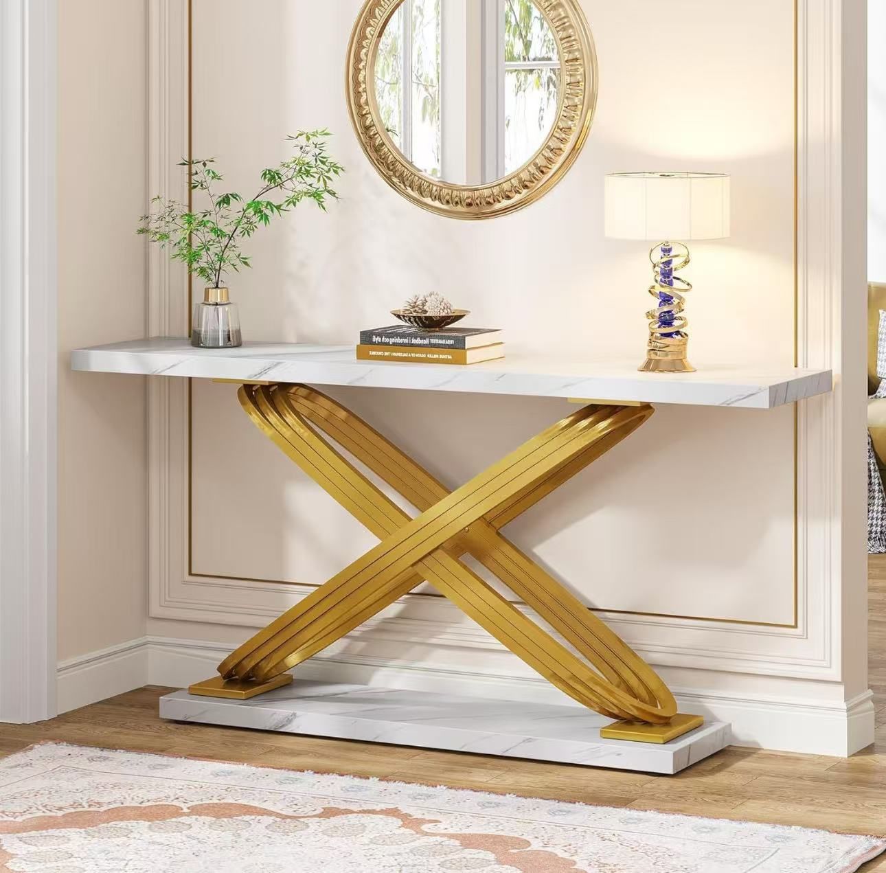 55 Inch Modern Console Table, Faux Marble Gold Entryway Table
