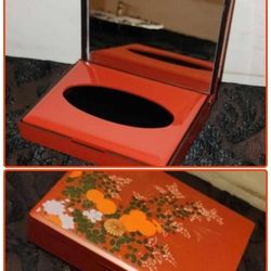 VINTAGE ORIENTAL JAPANESE LACQUERED KLEENEX TISSUE STORAGE MAKEUP JEWELRY BOX ORGANIZER COMPACT MIRROR