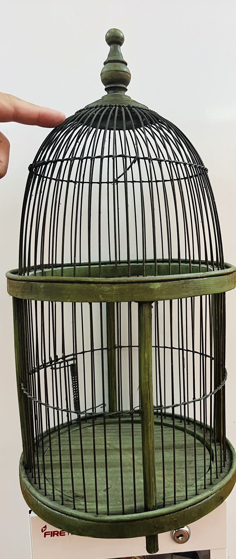 Vtg Wood Bird Cage House Hanging Metal Antique Green