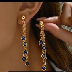 18K Gold-Plated Tassel Earrings with Blue Eye Accents