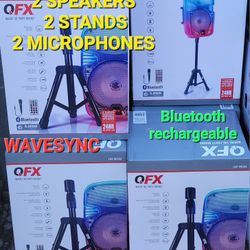 2 Bluetooth party speakers   bocinas.     RECHARGEABLES  DUAL PAIR
  8" SUBWOOFER               🚥           🎁  WAVESYNC 
 2 MICRÓFONOS 🎤 🎤
 2. STA