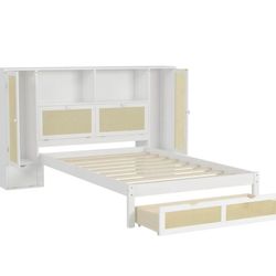 Twin Size Wooden Bed with Two Storage Lockers Drawer and Storage Shelf on Headboard Multifunctional Platform Bed with Natural Rattan White